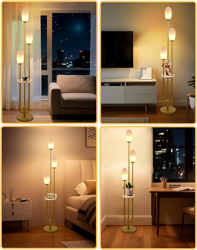 Gold Dimmable Floor Lamp with Table, Unique Candle Holder Style Tall Standing Lamps with 3000K G9 Bulbs for Reading, Mid Century Modern Floor Lamp for Living Room Bedroom Office