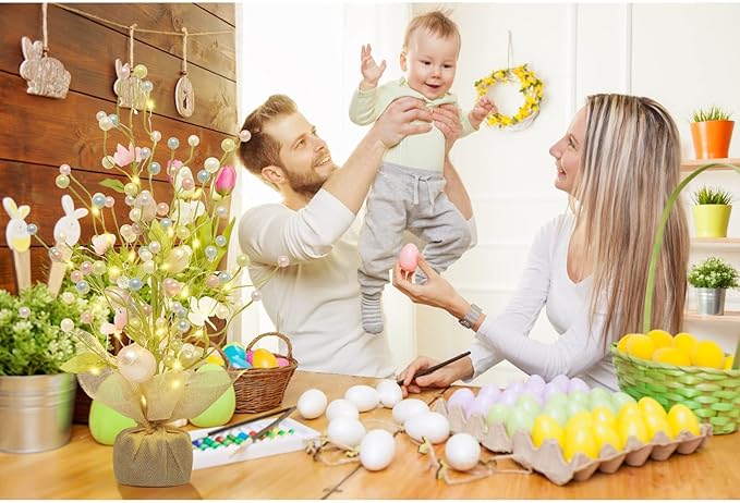 RoseCraft Easter Decorations, 18 Inch Pre-Lit Easter Egg Tree Tabletop Decor with Delicate Ornaments, for Home Party Wedding Holiday Spring Summer Decoration, Green/White/Pink.