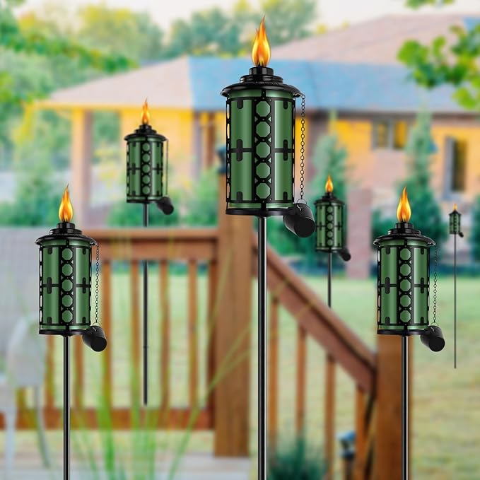16oz Home Garden Torch, 6 Pack Outdoor Metal Torch Garden Décor,59-Inch Upgraded Citronella Torches with 3-Prong Grounded Stake, Metal Light Torches for Party Patio Pathway