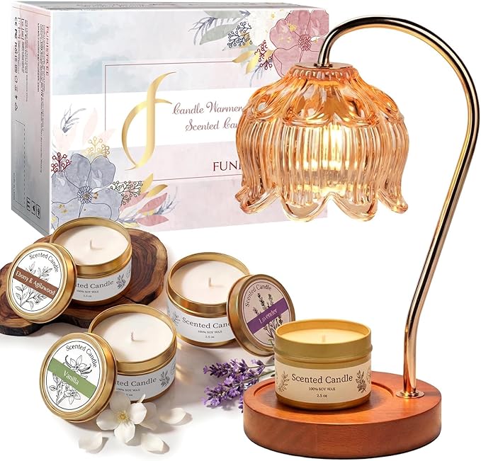 Candle Warmer Lamp Gift Set with 3 Jar Candles & Gift Box, Gifts for Women Christmas Birthday, Mom Sister Friend Gift, Lavender, Vanilla, Ebony, 2 Bulbs