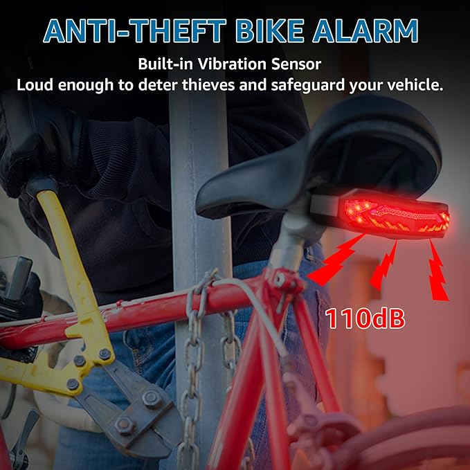 Bike Turn Signals, Bicycle Tail Light with Turn Signals, Bike Tail Light USB Rechargeable with Horn, IP65 Waterproof Anti-Theft Alarm,6 Light Mode Auto On Off, for Bicycle, Ebike, Scooter