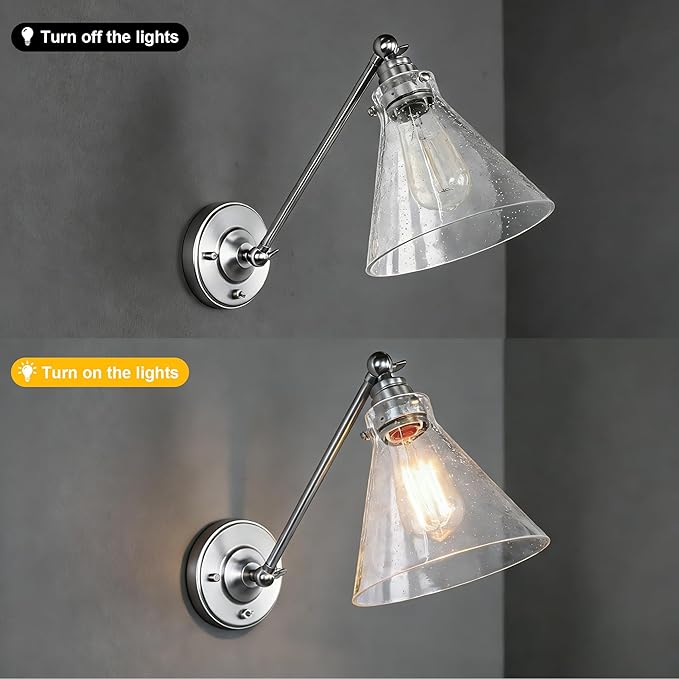 Industrial Vintage Slope Pole Wall Mount Single Sconce with Funnel Flared Clear Glass Shade, Swing Arm Wall Sconce Light Lamp Fixture Hardwired