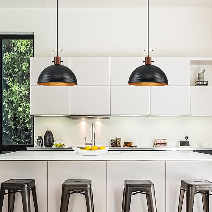 16 Inch Black Pendant Lights Hammered Matte Pendant Lights for Kitchen Island Industrial Farmhouse Adjustable Height Dome Hanging Light Fixtures for Barn, Dining Room 2 Packs