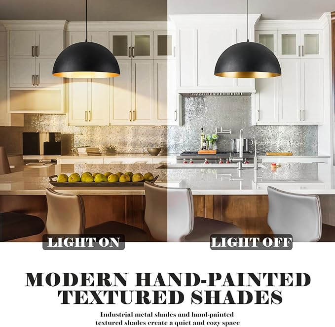 Industrial Pendant Lighting for Kitchen Island, 16 Inch Black and Gold Metal Dome Pendant Light Fixtures, Hemispherical Hanging Ceiling Light E26 Base for Reading Dining Room Foyer Cafe, 2 Pack