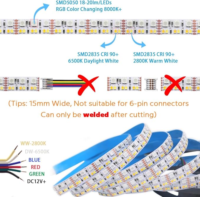 DC12V RGB CCT Color Changing LED Strip Light, 5050 RGB 2835 Warm White Daylight White Double Row Super Bright RGBWW Non-Waterproof Flexible LED Tape Light(DC12V 5meter/16.4ft)