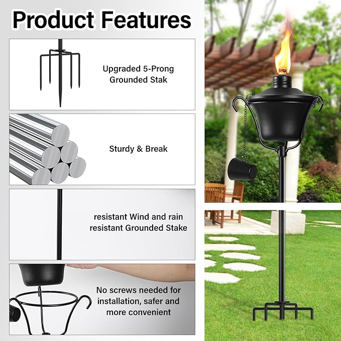6 Pack Outdoor Garden Torch, 15 oz Outdoor Citronella Torches, 58 Inch 5-Prong Grounded Stake Torches, Metal Torches with Fiberglass Wick for Yard, Patio, Deck, Garden, Party, Landscape ﻿