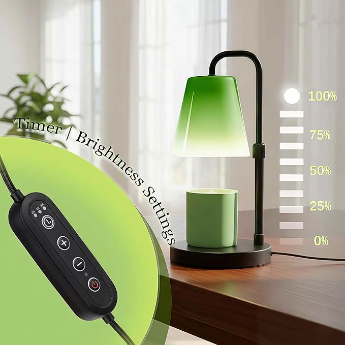 Candle Wammer Lamp with Timer Wax Melter Women Mom Gift Birthday New Home House Warming Vintage Aesthetic Room Decor Side Table Night Light w/ GU10 Bulb Dimmable Adjustable Height Green