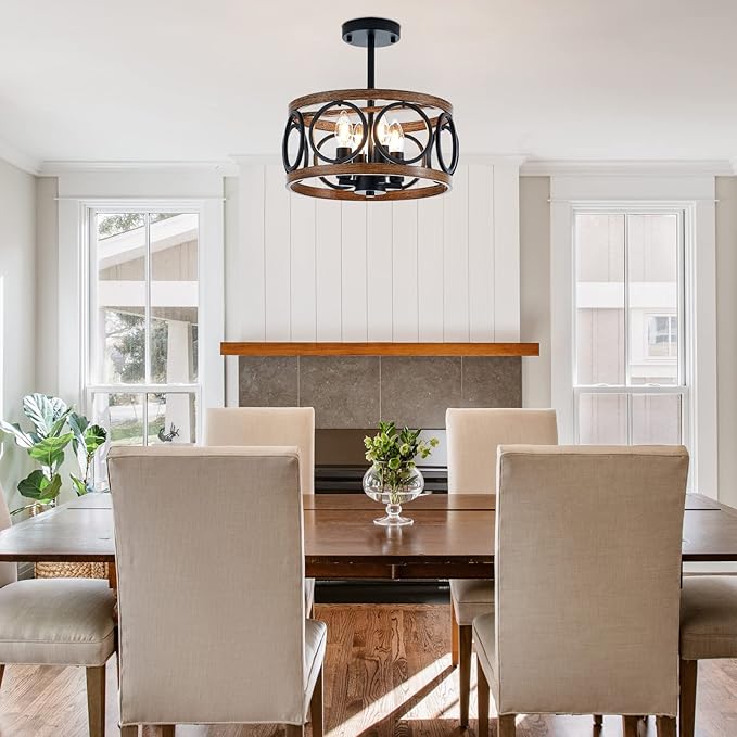 4-Light Farmhouse Drum Pendant Light,12.6'' Nature Wood Texture Vintage Rustic Chandeliers Black Metal Industrial Hanging Light Fixtures for Entryway, Bedroom Dining Room