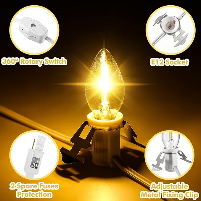 Leelosp 1 Pack Christmas Accessory Cord with 5 LED Light Bulbs, 11.5 Feet White C7 Lamp, On/Off Switch Plug, Spare Fuses, Female/Male Plugs, Blow Mold Light for Village House Craft Decorations