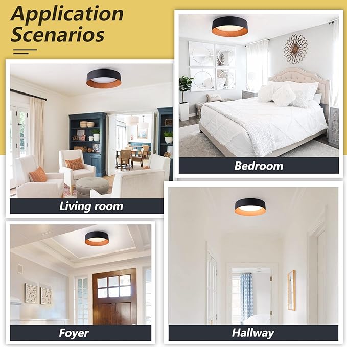 Bargeni Flush Mount Ceiling Light,13 inch Ceiling Light Fixtures,Matte Black with Wood Accent,3000K/Warm White/18W(100w Equiv.),Dimmable LED Lighting Fixtures Ceiling for Kitchen,Outdoor