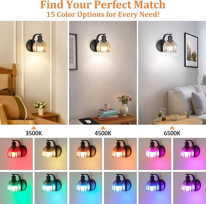 Rechargeable Battery Operated Wall Sconce with Amber Glass Lampshade, Wireless Wall Scone Decor with Remote Control, 15 Colors Black Wall Light for Bedside Hallway Bedroom Doorway