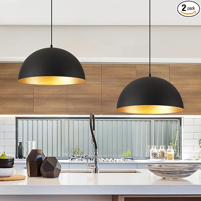 Farmhouse Pendant Light Fixtures,12" Pendant Lights Kitchen Island, Black and Gold Industrial Hanging Ceiling Light for Kitchen Foyer Cafe Dining Room Sink,2 Pack