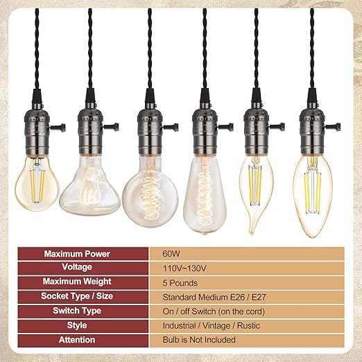 1 Pcs Vintage Pendant Light Sockets Light Cord Kit with Switches DIY Bulb Socket with Cord for E26 E27 Lamp Socket Lantern Bedroom Living Room Decor (1 Plug with 6 Sockets,Black)