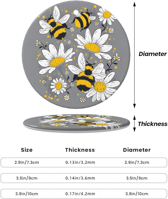 Daisy Flower Floral Bee Christmas Ornaments, Christmas Decorations Xmas Tree Hanging Ornaments, Round Ceramic Festive Keepsake Gift for Xmas Decorations Holiday Home Decor