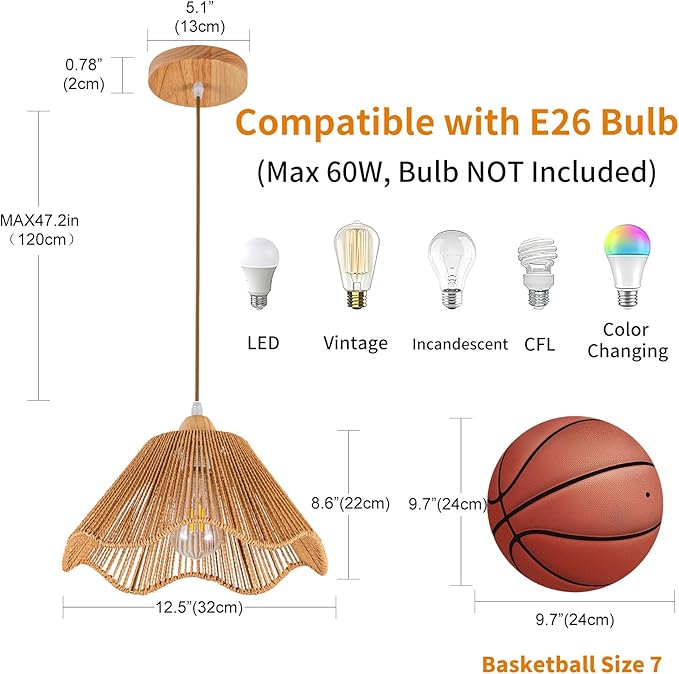 D12.5 Inch Boho Light Fixtures Boho Rattan Pendant Light Flush Mount Mini Chandelier Woven Hanging Light Fixture for Bedroom Hallway Entryway Nursery Kitchen Island