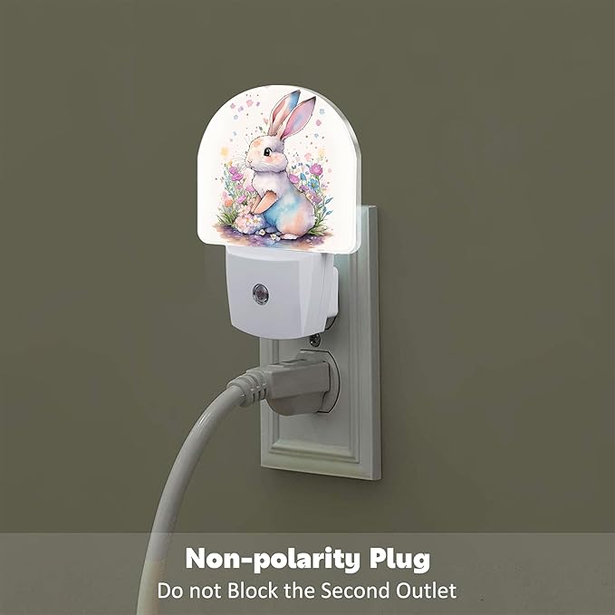 Easter Bunny and Flowers Night Light, Watercolor Cute Rabbit and Floral Dusk to Dawn Night Light Plug in,0.5w Energy Saving Sleep Friendly NightLight for Kids Boys Girls Home Decor