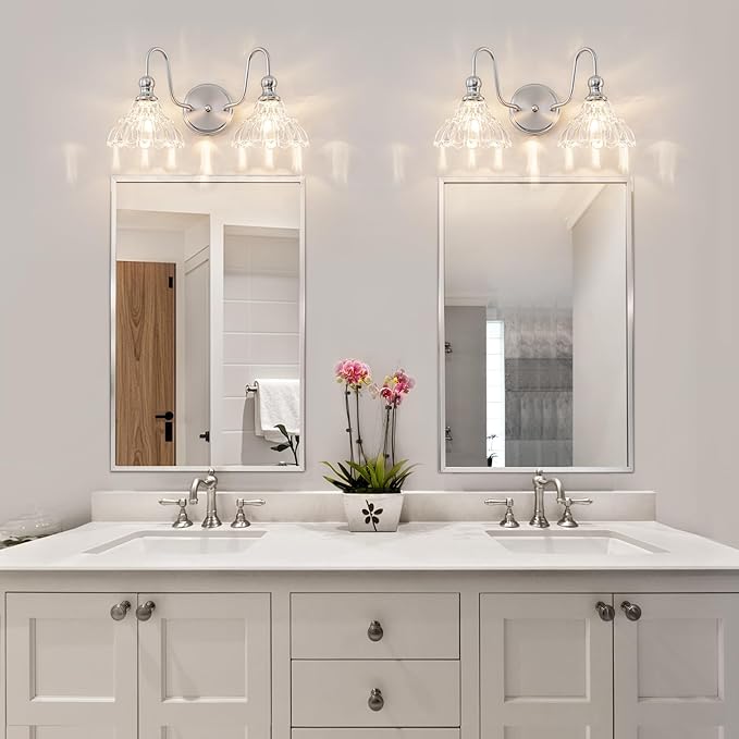 Vintage Bathroom Light Fixtures Over Mirror, 2-Light Brushed Nickel Wall Sconce Lighting with Flower Glass Shade, Farmhouse Vanity Lights for Bedroom Kitchen Living Room Hallway Light