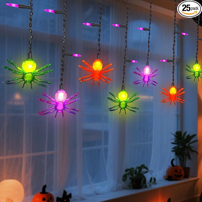 7Ft Halloween Spider Curtain String Lights Outdoor Waterproof, 25LED Plug-in Halloween Decorations with 10 Colorful Spider Lights, Spooky Party Decor for Haunted House, Patio, Porch, Yard, Window