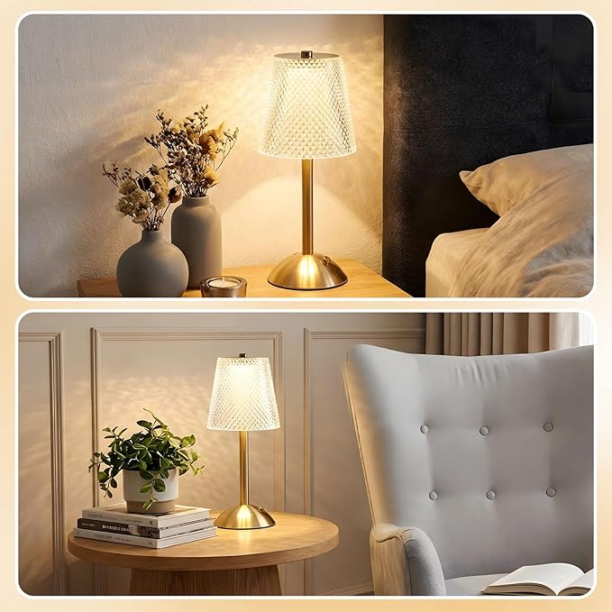 Liliful 2 Pcs Cordless Table Lamp Rechargeable Touch LED Small Gold Portable Battery Operated USB-c Desk Lamp 3 Color Dimmable for Bedroom Living Room Dining (Gold,Crystal Cut Style)