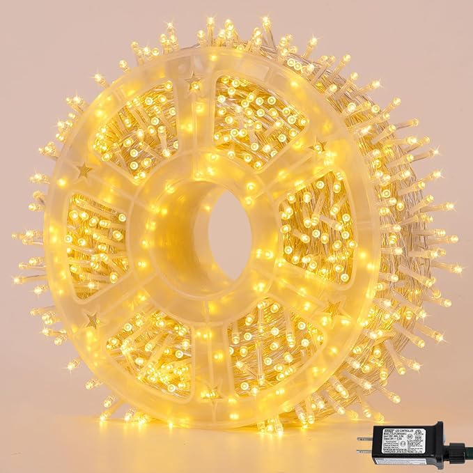 QITONG Warm White String Lights Outdoor, 165ft 500 LED Christmas Light Plug-in, 8 Modes Clear Wire Twinkle Xmas Lights Indoor