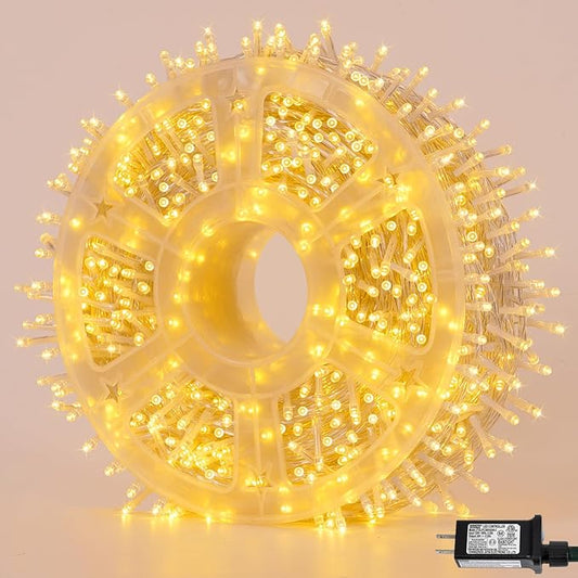 QITONG Warm White String Lights Outdoor, 165ft 500 LED Christmas Light Plug-in, 8 Modes Clear Wire Twinkle Xmas Lights Indoor