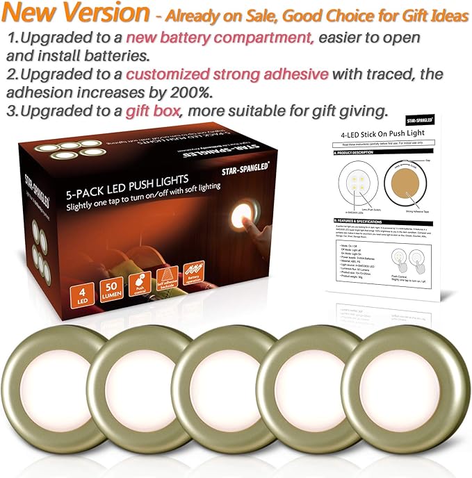 STAR-SPANGLED 5 Pack 2.8” Push Tap Lights, Stick on Touch Puck Lights AAA Battery Operated, LED Sticky Button Lamps for Classroom, Kitchen, Under Cabinet, Closet (Golden, Warm White)