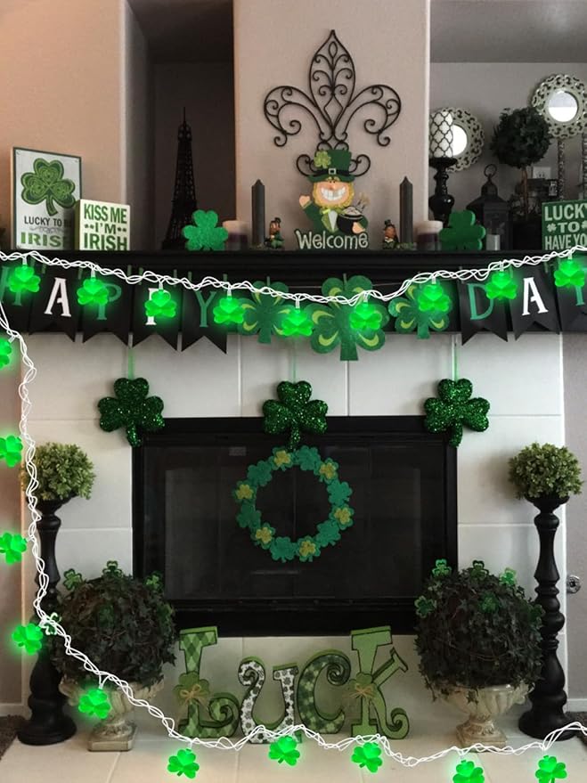 SUNSGNE St. Patrick's Day Lights Shamrocks Decorative String Light, Lucky Clover String Lights with 10 LED Green Fairy Bulbs for Indoor Outdoor St. Patrick's Party Holiday Decor, White Wire