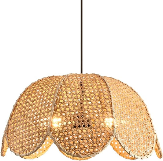 3-Light Rattan Pendant Light Fixtures,18.9" Boho Natural Rattan Hanging Lamp,Hand-Woven Flower Shaped Ceiling Chandelier for Dining Living Bedroom Kitchen Farmhouse