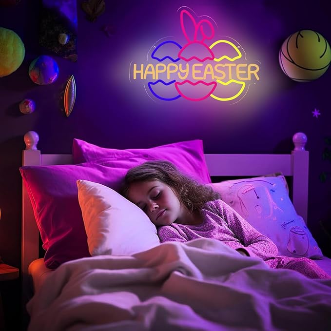 Happy Easter Neon Signs for Wall Decor, Easter Bunny Ears and Eggs Decorations Gifts, USB Dimmable LED Neon Lights Sign Party Decor for Bedroom Window Door Yard Bar Classroom Church