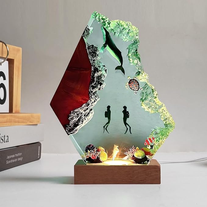 Humpback Whale Ocean Resin Lamp, Handmade Table Relaxing Mood Lamp with USB Port, Art Ornaments for Home Office Decor, Scuba Diver Gift for Birthday Holiday, Valentine's Day Gifts for Husband