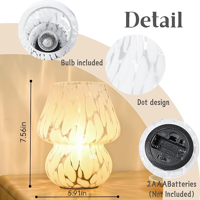 Mushroom Lamp Small Bedside Table Lamp, Battery Operated Mushroom Desk Lamps with LED Bulb, Translucent Glass White Cordless Lamp for Bedroom Nightstand Living Room
