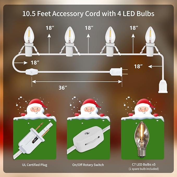 SURAIELEC Accessory Cord With 4 LED Bulbs, 10.5ft Christmas Village Lights, On/Off Switch, Connectable House Light Replacement, C7 Cord for Halloween Decorations, UL Listed