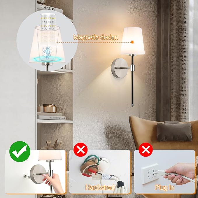 Battery Operated Wall Sconces Set Of 2, Wireless Battery Wall Light With 10000mAh RGB Rechargeable Magnetic Bulb, Rechargeable Wall Sconce With Remote Control For Bedroom, No Electrician Required