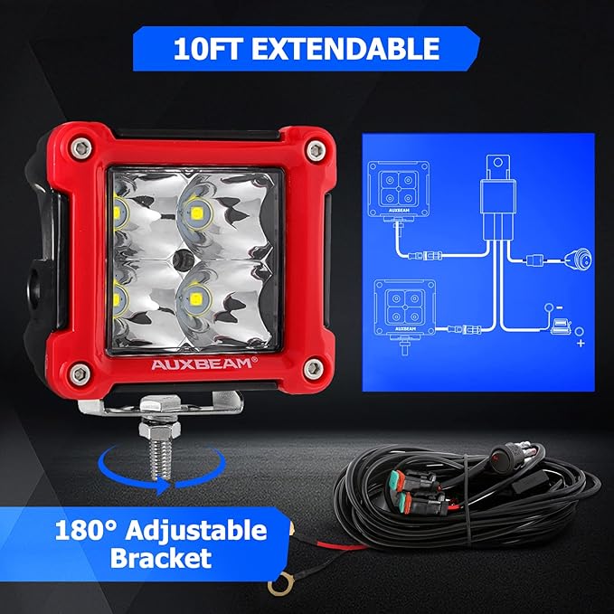 Auxbeam FA Series Red Housing LED Pods, 3 Inch 40W Spot Beam Light Bar, Ditch Off-Road Cube Lights Bumper A-Pillar Hood Mount, with DT Wiring Harness, Pair