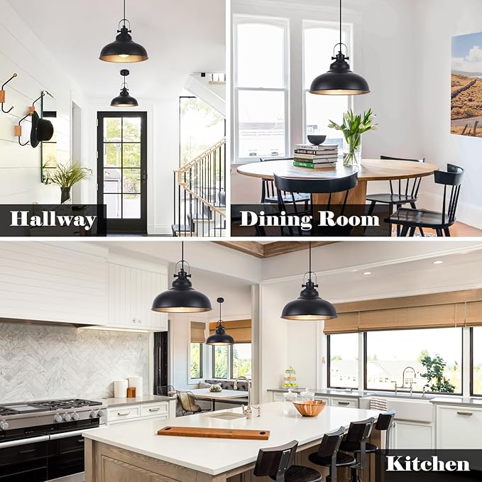 Black Pendant Lights Kitchen Island, 11.4 Inch Dome Pendant Light, Farmhouse Pendant Light, Island Pendant Light for Kitchen Island, Dining Room, Living Room (1 Pack)