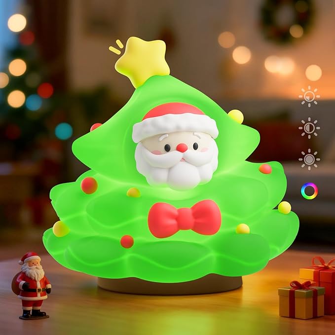 Christmas Tree Night Light, Touch Control LED Lamp, Silicone Green with Yellow Star, USB Rechargeable, 3 Brightness with Auto-Off Feature, Indoor Bedroom Decor