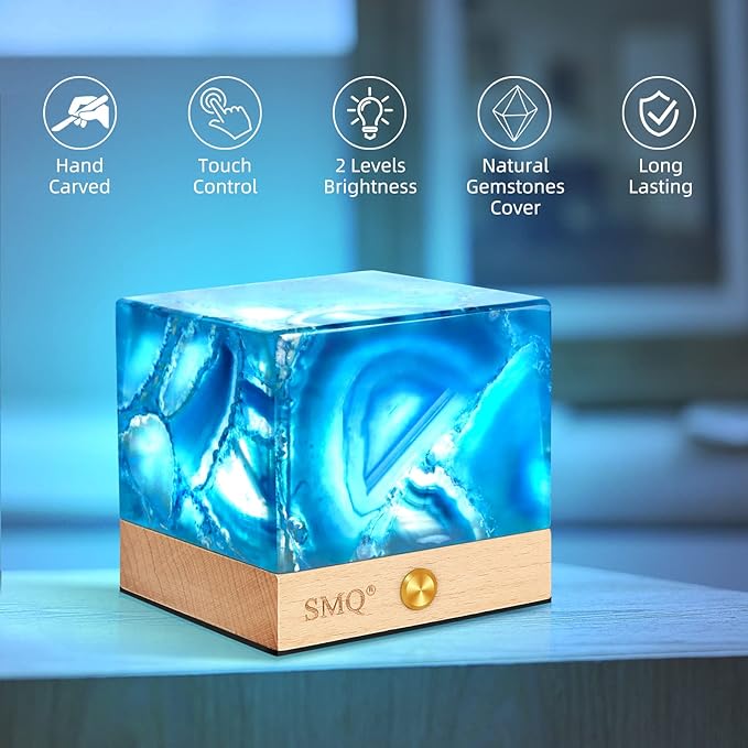 SMQ Blue Agate Crystal Night Light Handmade Polished Healing Crystal Stones Gemstone Square Touch Nightlight Lamp with USB Charging Port for Living Room,Shelf,Office Decor