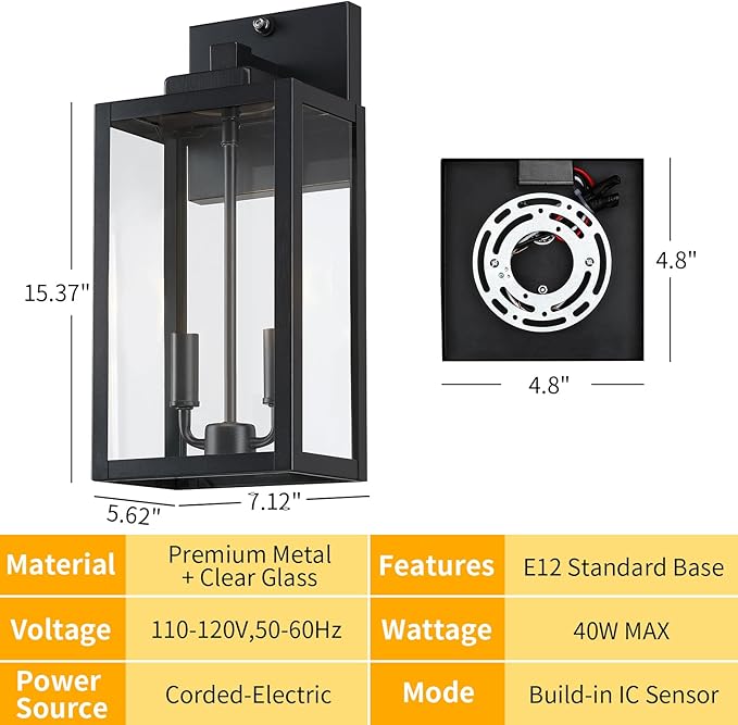 15.4" Dusk to Dawn Black Outdoor Wall Lantern 2-Light, Outside Modern Wall Sconce Light Fixture, Industrial Porch Light with E12 Sockets, Waterproof Exterior Lamp Lighting, 1 Pack