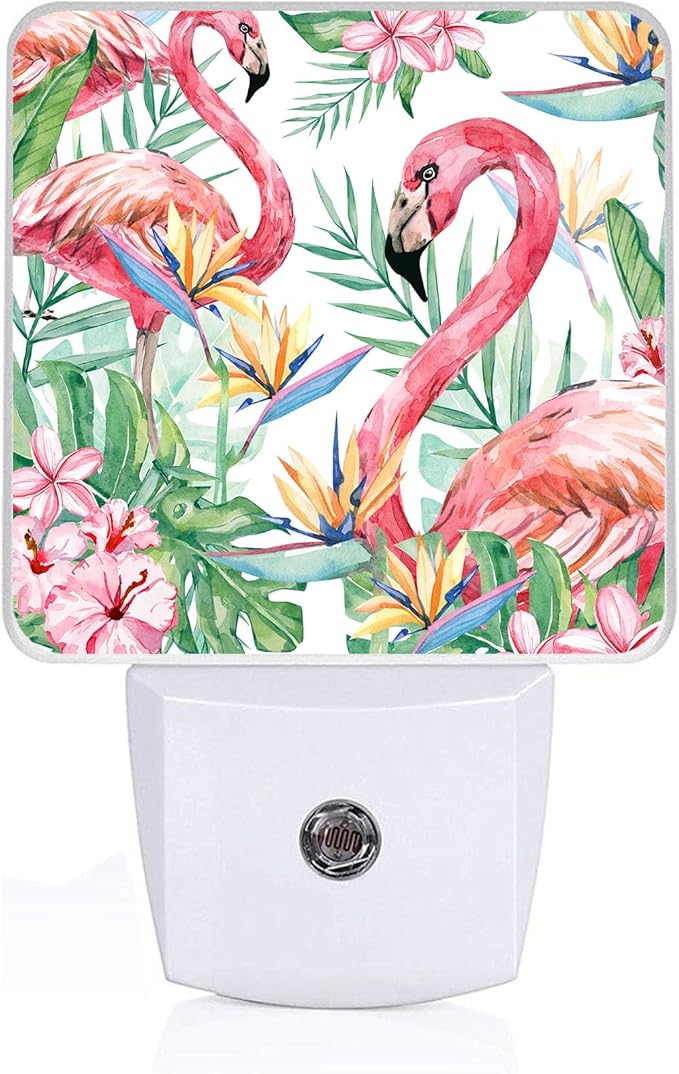 Summer Flamingo Night Light, Plug-into Wall Palm Tree Tropical Flower Nightlight Lamp with Dusk to Dawn Sensor, Led Lamp 0.5W Energy Efficient for Boys Girls Adults Home Decor