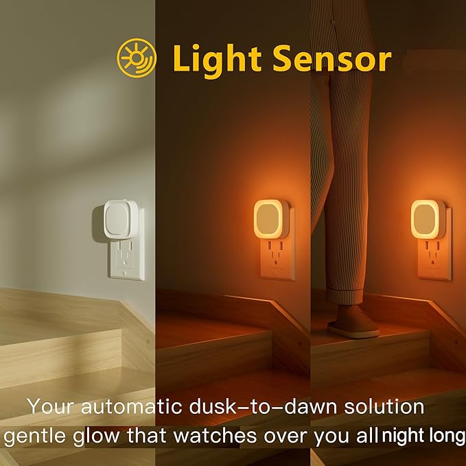 2 Pack Plug in Amber Night Light, Auto Dusk to Dawn, Soft Glow, Dimmable, Diffused Light, LED Lights for Bedroom, Kids, Bathroom, Sleep, Baby Nursery, Toddler, Hallway, Kitchen, Home Decor