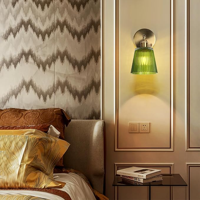 HuisMier Vintage Wall Sconces with Green Stripe Glass Lampshade, Glass Wall Lamp with Switch, Modern 180 Degree Adjustable Brass Wall Sconces for Bathroom Bedroom Living Room Hallway, Hardwired