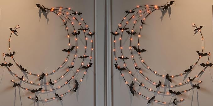Hairui Lighted Halloween Garland with Bats Battery Operated with Timer, Black Garland with Lights 6FT 80 Orange and Warm White Fairy Lights 10 Functions for Wall Room Porch Halloween Decor 2Sets