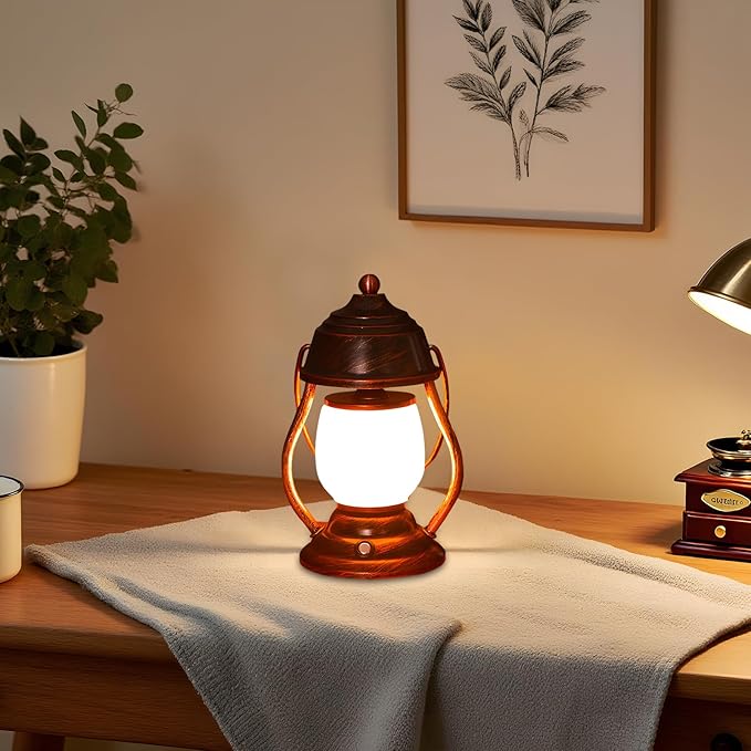 Retro Rechargeable Led Lantern, 9.4 in / 24 Cm Flickering Battery Powered Table Lamp, Bronze Iron Art Decorative Light