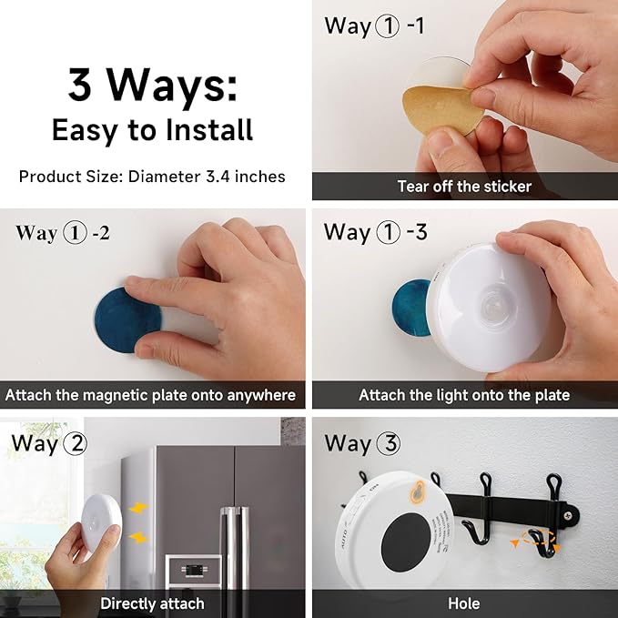 Improved LED Rechargeable Motion Sensor Light Indoor, Bright & Long-Lasting Battery, Stick-On Motion Sensor Puck Night Lights for Closet, Cabinet, Kitchen, Hallway, Stairs - Warm 2Pack