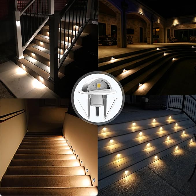RNEHON 16-Pack Warm White LED Deck Lights Kit, Φ1.38 12V Low Voltage Step Stair Lights,IP65 Waterproof Recessed Landscape Lighting, Adapt for Garden,Yard Steps,Stair,Patio,Floor,Kitchen Decoration