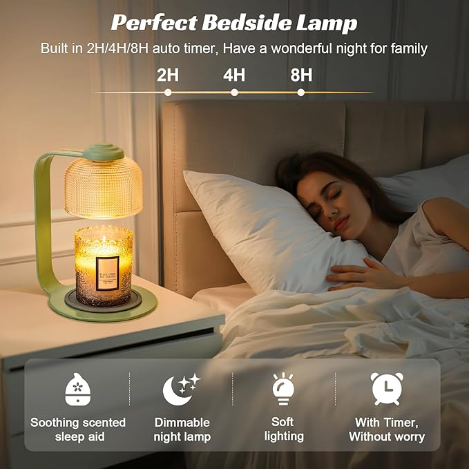 Candle Warmer Lamp with Clear Glass Globe and Timer & Dimmable Light - Jar Candle Melter Green Minimalist Metal Frame, Home Decor Gift Set (Includes 2 Bulbs)