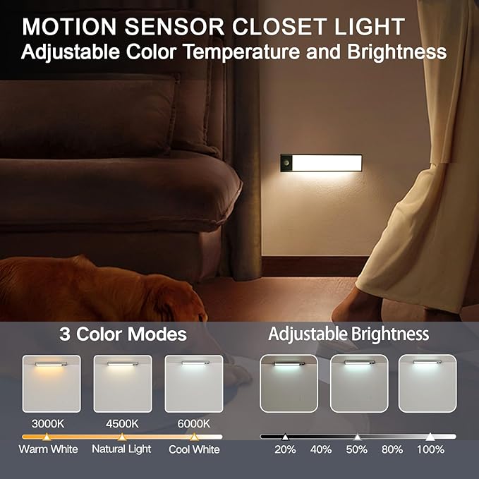Under Cabinet Lighting, 3200mAh Motion Sensor Light Indoor, Rechargeable Battery Operated LED Closet Lights, Wireless Under Counter Lights for Kitchen Stair (8 Inch, 3 Color Temp, 2 Pack)