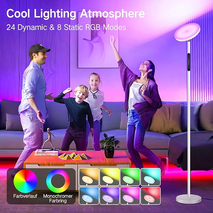 OUTON Smart RGB Floor Lamp, 36W LED Modern Torchiere Sky Lamp, Stepless Dimmable Standing Tall Lamp with APP, Remote and Touch Control, LED Lamps for Living Room, Bedroom, Gaming Room, Matte White