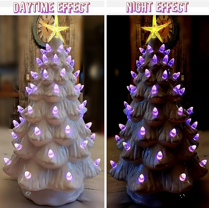 Ceramic Christmas Tree Replacement Lights Bulbs, Purple Medium Twist Plastics Pegs Ornaments for Ceramic Tree(87 Bulbs＆ 3 Topper Star)