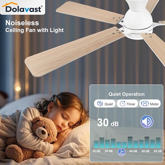 Ceiling Fans with Lights and Remote, 52 Inch White Ceiling Fan with Light, Low Profile Reversible Fandelier Ceiling Fan, Dimmable LED, Flush Mount, Quiet DC Motor, for Bedroom Kitchen